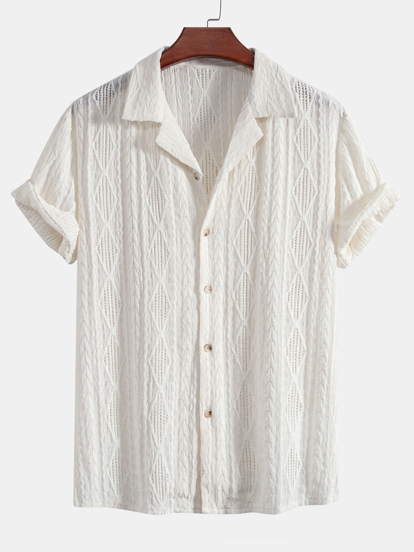 Geometric Jacquard Eyelet Cuban Shirt & Straight Leg Linen Pants